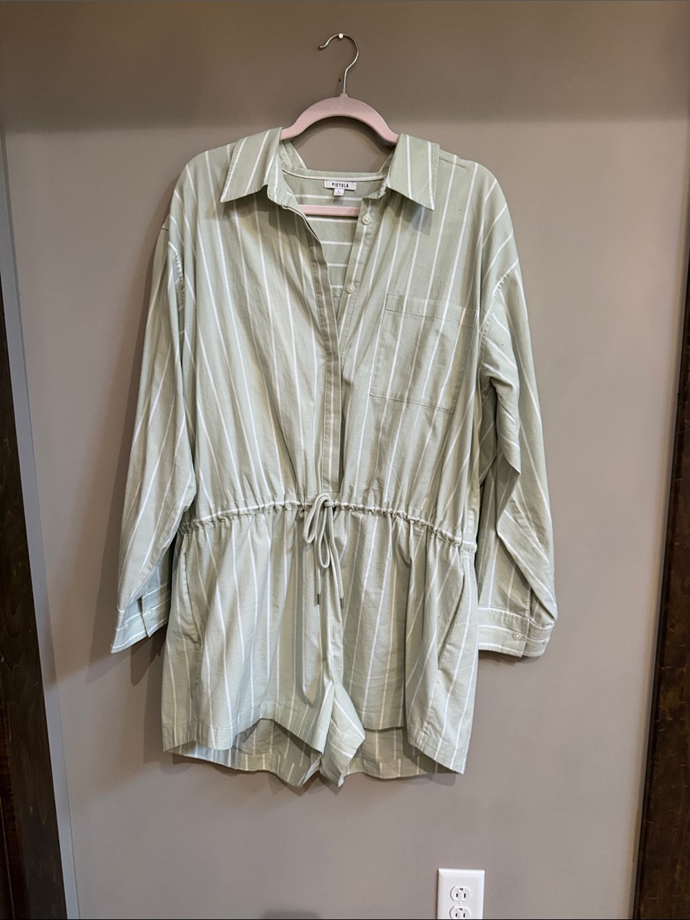 pistola Light Green Striped Waist-Drawstring Romper